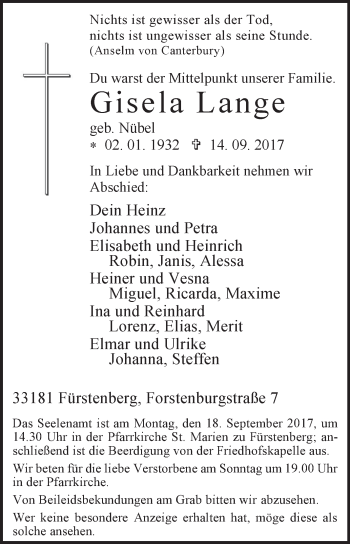 Traueranzeige von Gisela Lange von Westfalen-Blatt