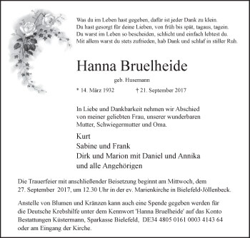 Traueranzeige von Hanna Bruelheide von Westfalen-Blatt