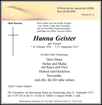 Traueranzeige von Hanna Geister von Westfalen-Blatt