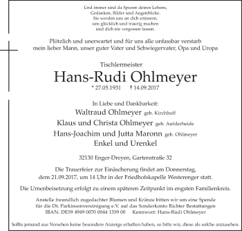 Traueranzeige von Hans-Rudi Ohlmeyer von Westfalen-Blatt