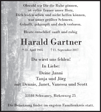 Traueranzeige von Harald Gartner von Westfalen-Blatt