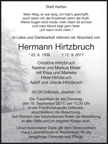 Traueranzeige von Hermann Hirtzbruch von Westfalen-Blatt