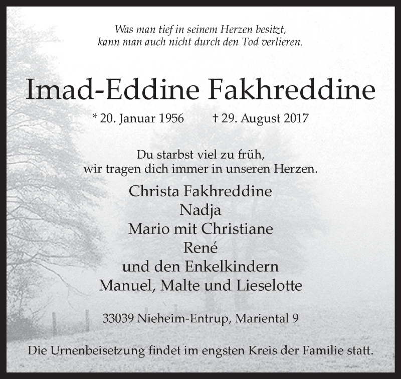  Traueranzeige für Imad-Eddine Fakhreddine vom 02.09.2017 aus Westfalen-Blatt