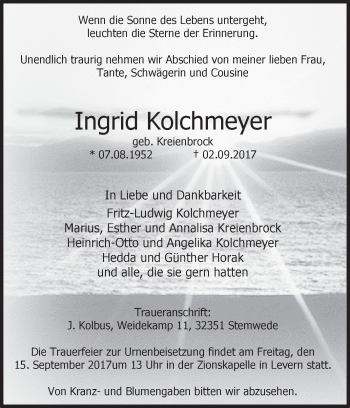 Traueranzeige von Ingrid Kolchmeyer von Westfalen-Blatt