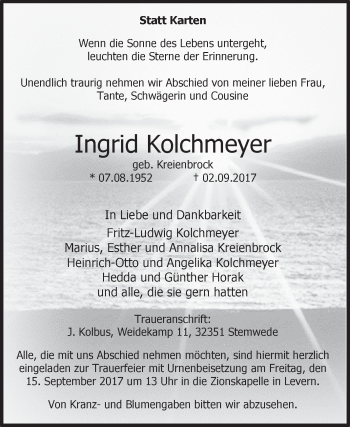 Traueranzeige von Ingrid Kolchmeyer von Westfalen-Blatt