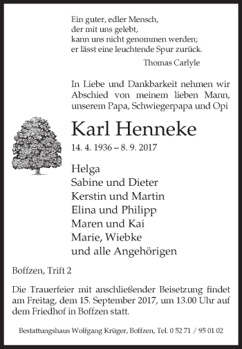 Traueranzeige von Karl Henneke von Westfalen-Blatt