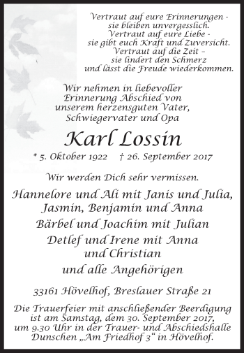 Traueranzeige von Karl Lossin von Westfalen-Blatt