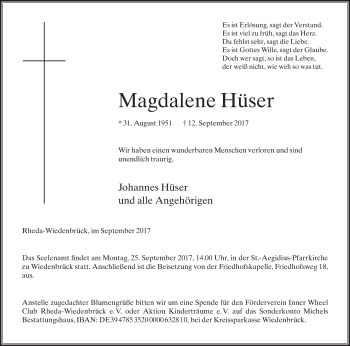 Traueranzeige von Magdalene Hüser von Westfalen-Blatt