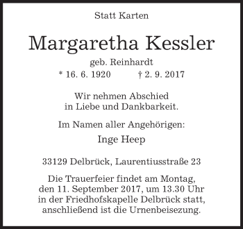 Traueranzeige von Margaretha Kessler von Westfalen-Blatt