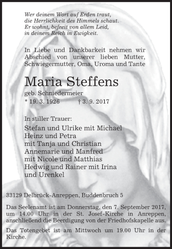 Traueranzeige von Maria Steffens von Westfalen-Blatt