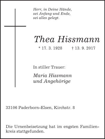 Traueranzeige von Thea Hissmann von Westfalen-Blatt