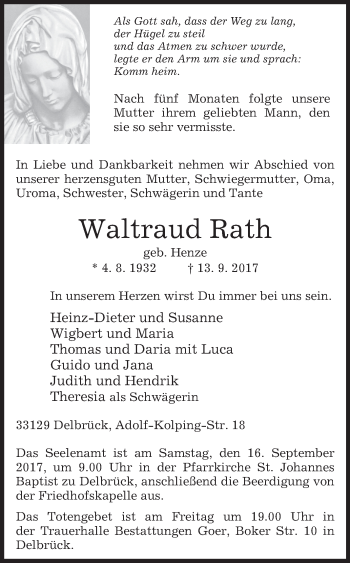 Traueranzeige von Waltraud Rath von Westfalen-Blatt