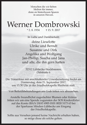 Traueranzeige von Werner Dombrowski von Westfalen-Blatt