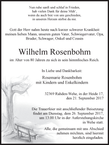 Traueranzeige von Wilhelm Rosenbohm von Westfalen-Blatt