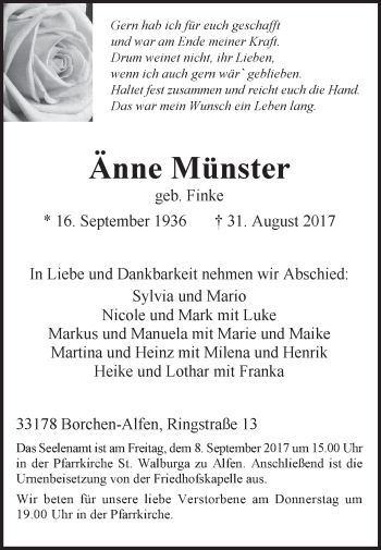 Traueranzeige von Änne Münster von Westfalen-Blatt