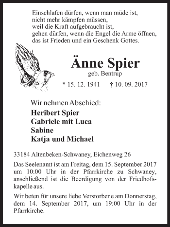 Traueranzeige von Änne Spier von Westfalen-Blatt