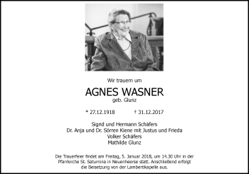 Traueranzeige von Agnes Wasner von Westfalen-Blatt