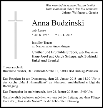 Traueranzeige von Anna Budzinski von Westfalen-Blatt