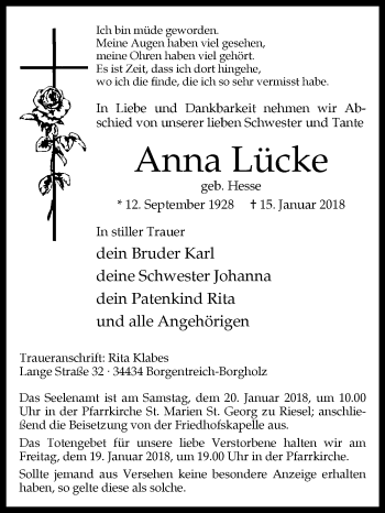 Traueranzeige von Anna Lücke von Westfalen-Blatt