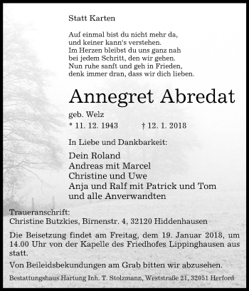 Traueranzeige von Annegret Abredat von Westfalen-Blatt