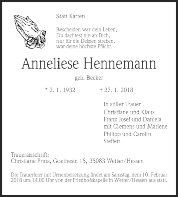 Traueranzeige von Anneliese Hennemann von Westfalen-Blatt