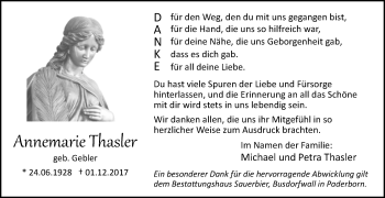 Traueranzeige von Annemarie Thasler von Westfalen-Blatt