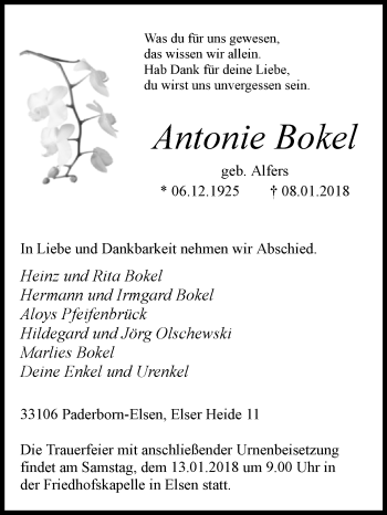 Traueranzeige von Antonie Bokel von Westfalen-Blatt