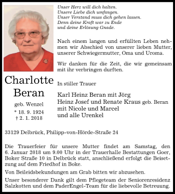 Traueranzeige von Charlotte Beran von Westfalen-Blatt