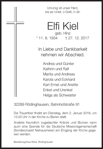 Traueranzeige von Elfi Kiel von Westfalen-Blatt