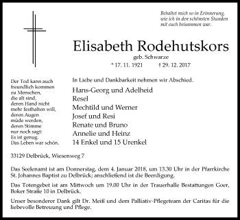 Traueranzeige von Elisabeth Rodehutskors von Westfalen-Blatt