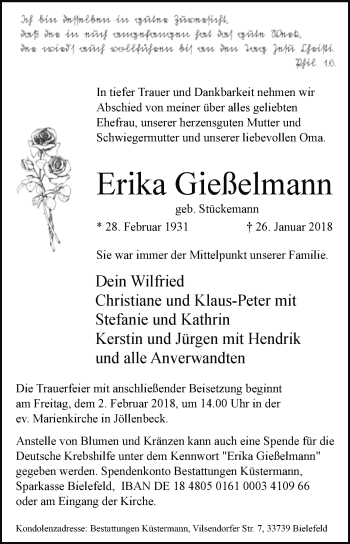 Traueranzeige von Erika Gießelmann von Westfalen-Blatt