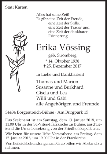 Traueranzeige von Erika Vössing von Westfalen-Blatt