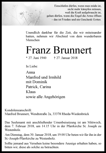 Traueranzeige von Franz Brunnert von Westfalen-Blatt