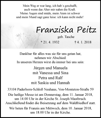 Traueranzeige von Franziska Peitz von Westfalen-Blatt