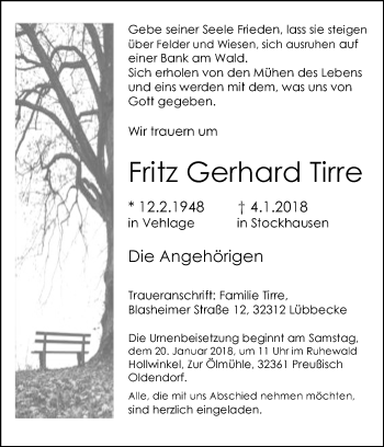 Traueranzeige von Fritz Gerhard Tirre von Westfalen-Blatt