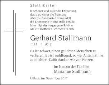 Traueranzeige von Gerhard Stallmann von Westfalen-Blatt