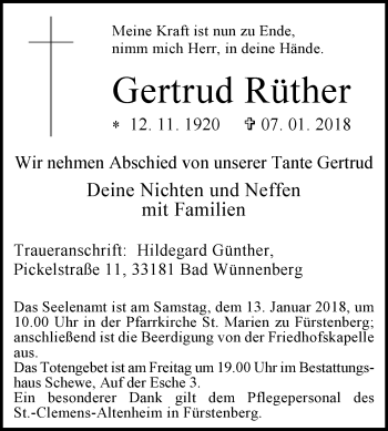 Traueranzeige von Gertrud Rüther von Westfalen-Blatt