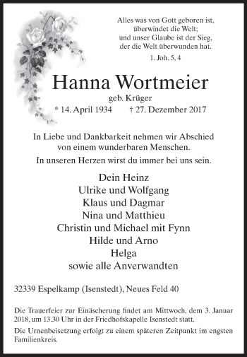 Traueranzeige von Hanna Wortmeier von Westfalen-Blatt