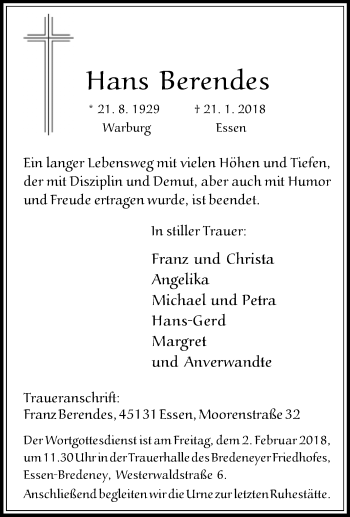 Traueranzeige von Hans Berendes von Westfalen-Blatt