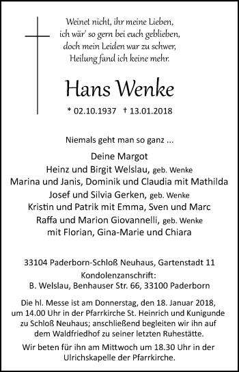 Traueranzeige von Hans Wenke von Westfalen-Blatt