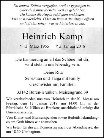 Traueranzeige von Heinrich Kamp von Westfalen-Blatt