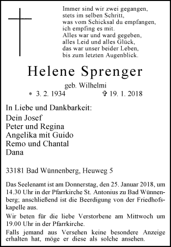 Traueranzeige von Helene Sprenger von Westfalen-Blatt