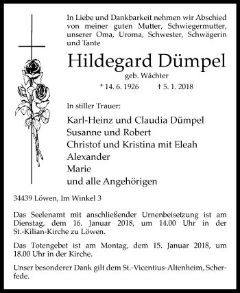 Traueranzeige von Hildegard Dümpel von Westfalen-Blatt