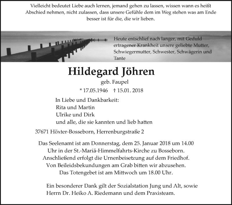  Traueranzeige für Hildegard Jöhren vom 20.01.2018 aus Westfalen-Blatt