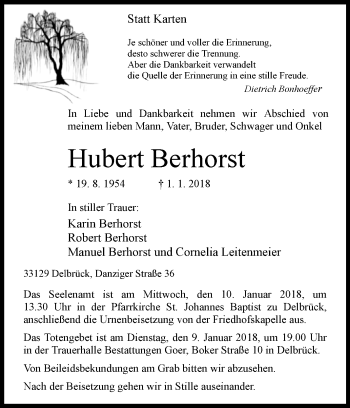 Traueranzeige von Hubert Berhorst von Westfalen-Blatt