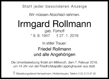 Traueranzeige von Irmgard Rollmann von Westfalen-Blatt