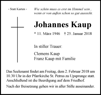 Traueranzeige von Johannes Kaup von Westfalen-Blatt