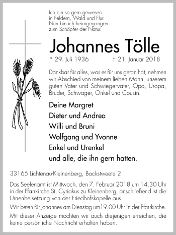 Traueranzeige von Johannes Tölle von Westfalen-Blatt