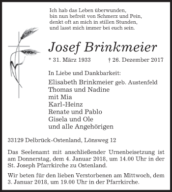 Traueranzeige von Josef Brinkmeier von Westfalen-Blatt