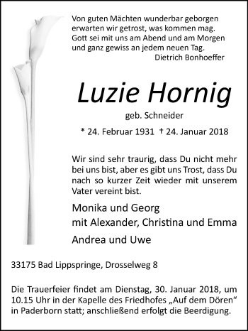 Traueranzeige von Luzie Hornig von Westfalen-Blatt